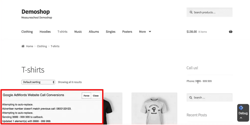 Google AdWords Website Call Conversions replaced the phone number on the website