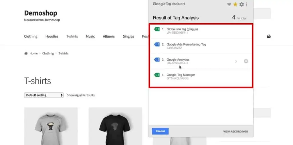Google Tag Assistant shows the Tags installed on a web pag