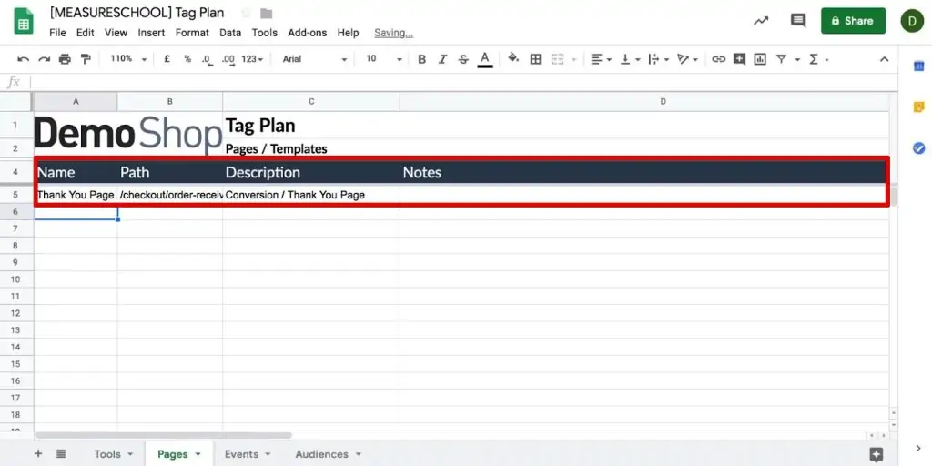 Name, Path, Description and Notes of the Pages tab in Tag plan