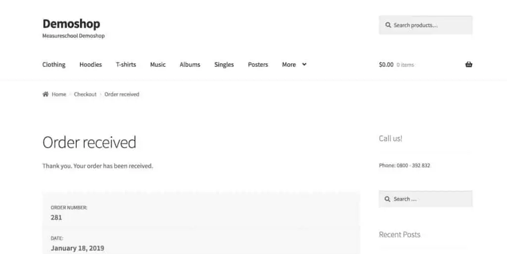 Order Confirmation page of our demo shop