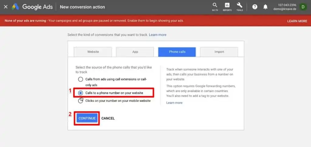 Select the option to track calls to a phone number on your website and then continue