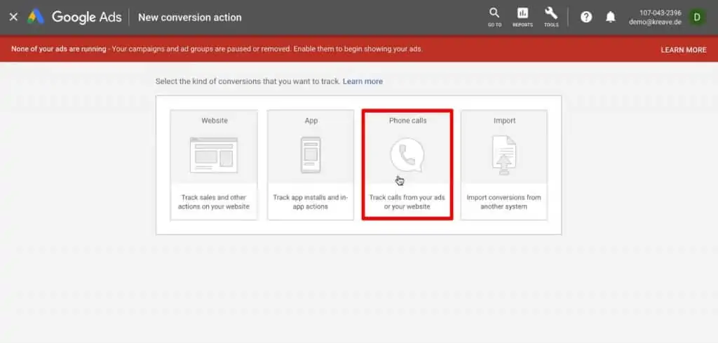 Select the option to track phone call conversions in Google Ads