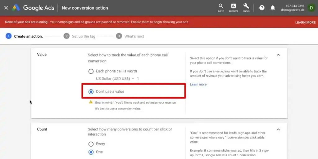 Selecting how to track the value of each phone call conversion in Google Ads