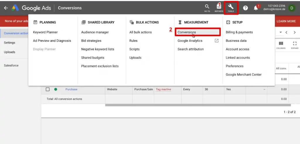 Selecting the Conversions option under the Tools menu of Google Ads