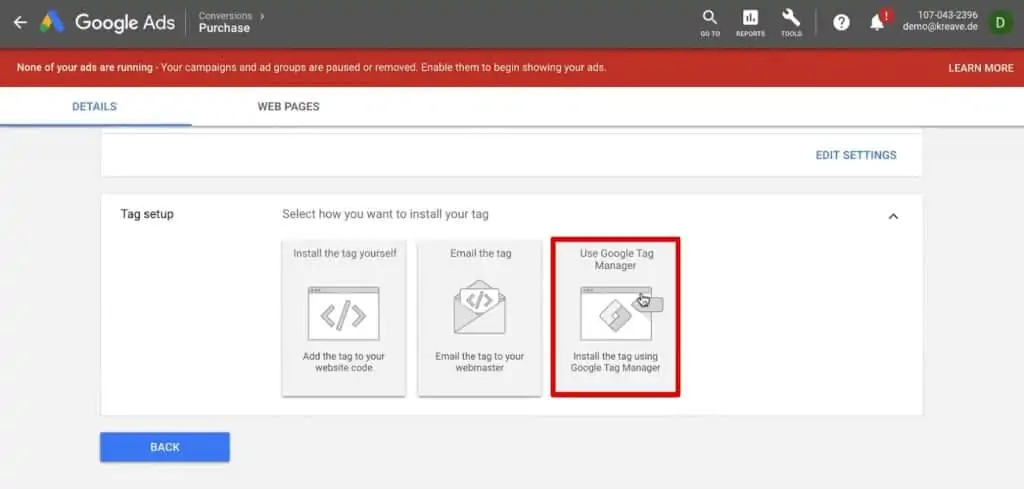 Selecting the Use Google Tag Manager option for Tag setup in Google Ads