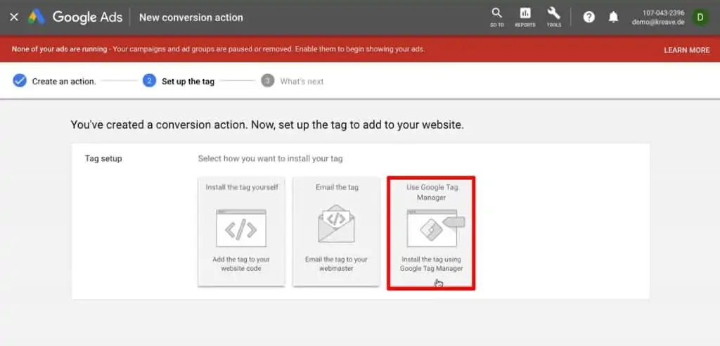 Selecting the option to install Tag using Google Tag Manager in Google Ads
