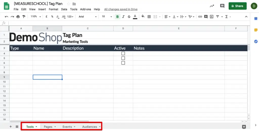 Tag planning template in Google Sheets to track Tools, Pages, Events & Audiences