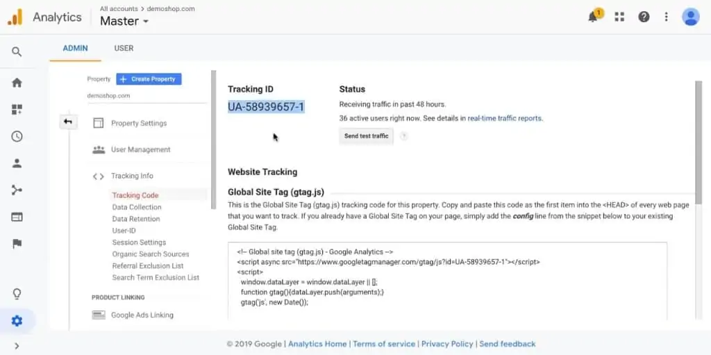 The Tracking ID under the Admin section of Google Analytics