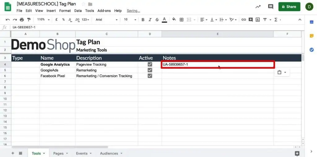 Tracking ID of Google Analytics added under Notes of the Tag Plan for future Tag deployment