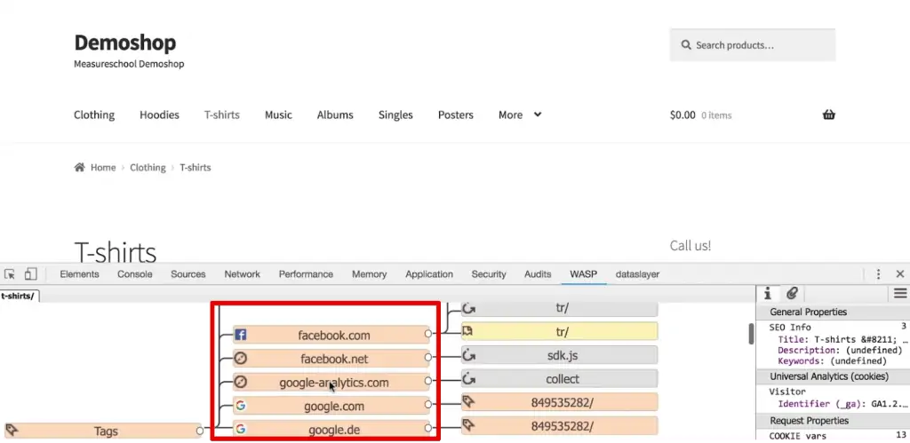 WASP.inspector extension shows the marketing Tags that are installed on the website