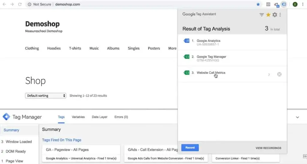 Website Call Metrics Tag installed as seen in Google Tag Assistant