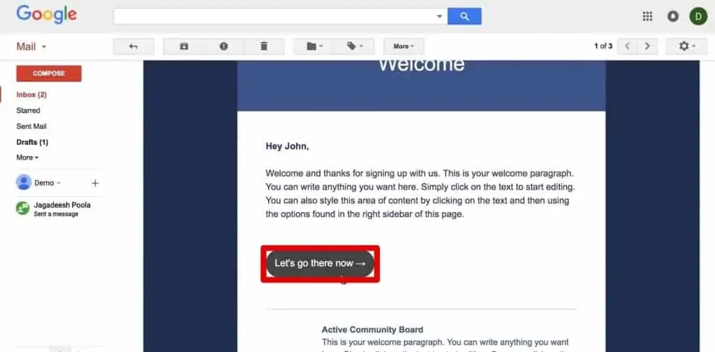 Button in the test newsletter with custom URL attached in ActiveCampaign