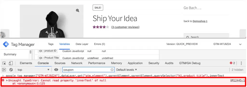Cannot read property ‘innerText’ of null error in the Console panel of developer tools
