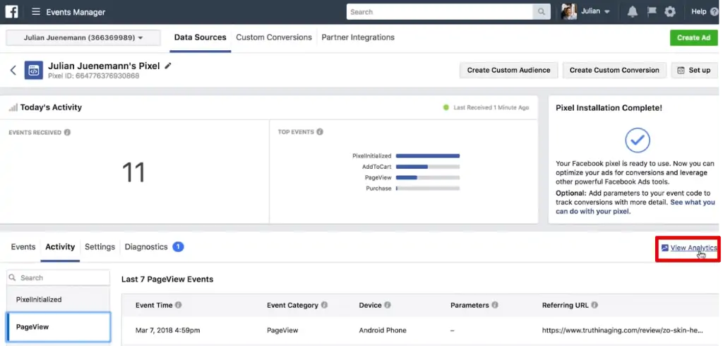 Clicking on View Analytics to go to Facebook Analytics in Facebook Pixel