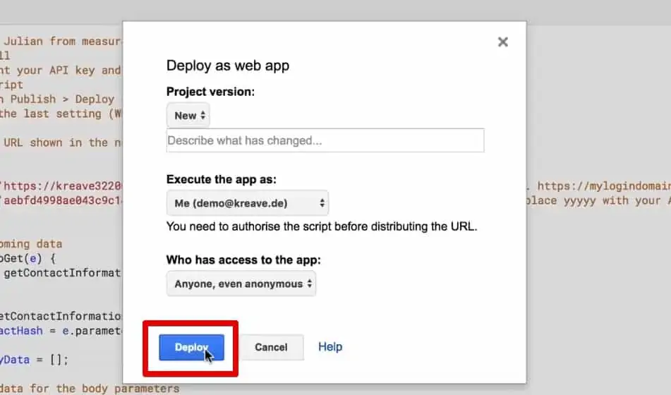 Clicking the Deploy button to deploy the App Script as a web app