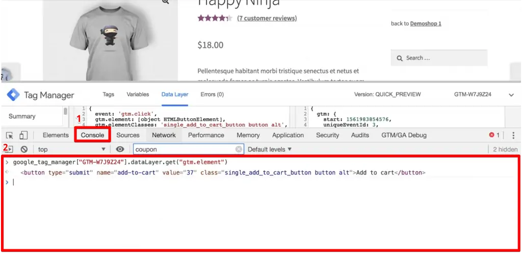 Commands in the Console panel of Developers Tools to access the data stored in gtm.element