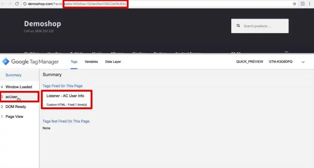 Contact hash and AC User Info Listener Tag fired in the preview and debug console of Google Tag Manager