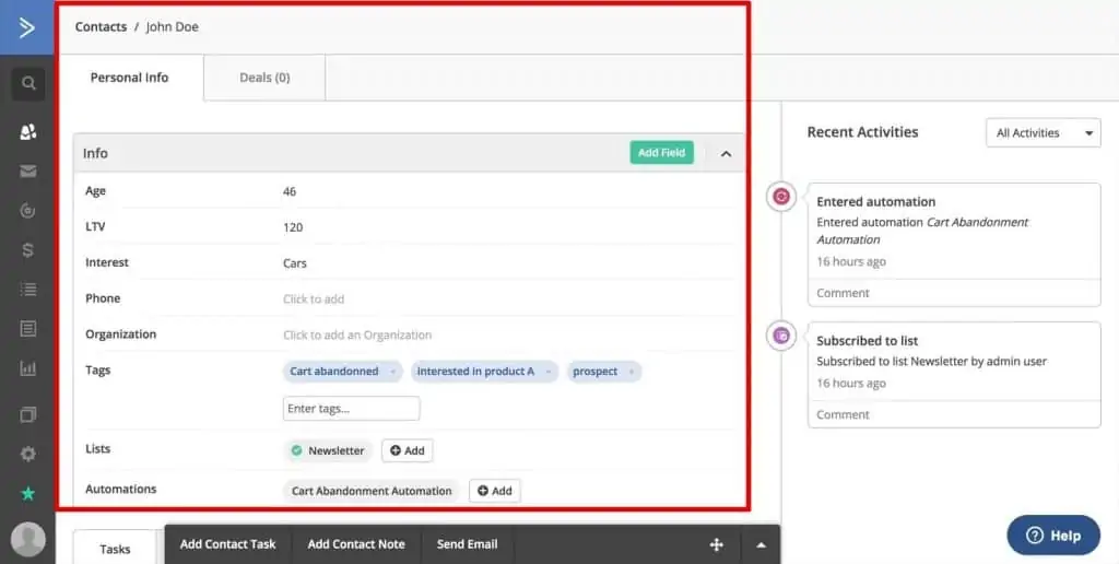 Contact information of a user in ActiveCampaign