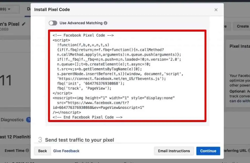 Copying the Facebook Pixel Code to install it manually on your website
