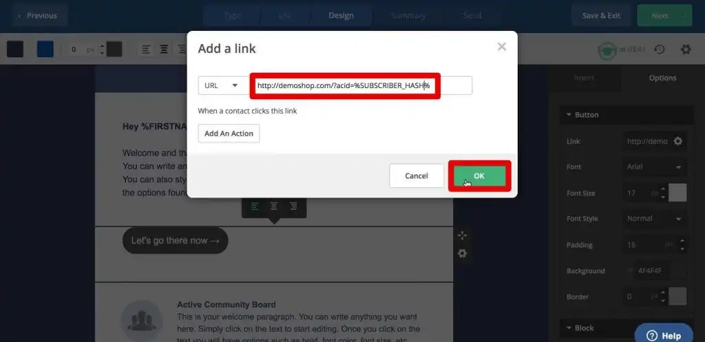 Creating a custom link for demoshop in the email newsletter of ActiveCampaign
