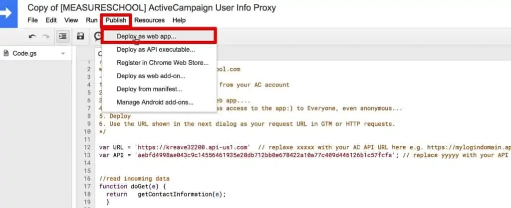 Deploying the App Script as a web app