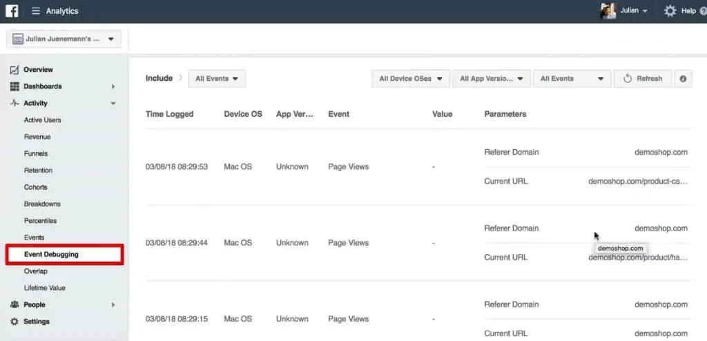 Event Debugging menu under the Activity tab of Facebook Analytics