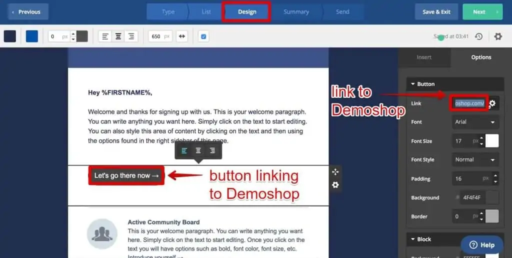 Link pointing to demoshop in the newsletter under the Design tab in ActiveCampaign