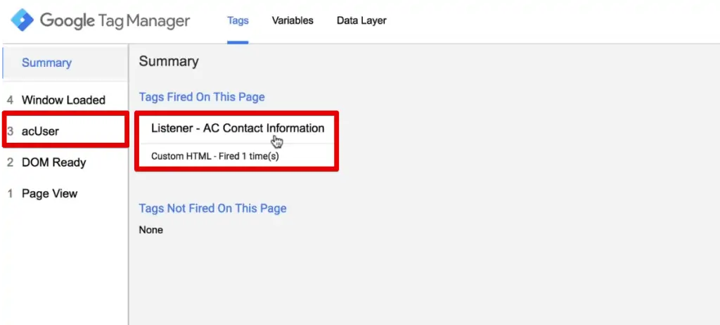 Listener Tag fired on the web page and acUser special event is created in Google Tag Manager