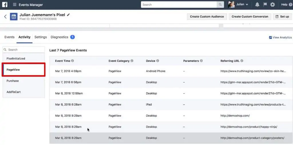 PageView Events captured in Facebook Pixel