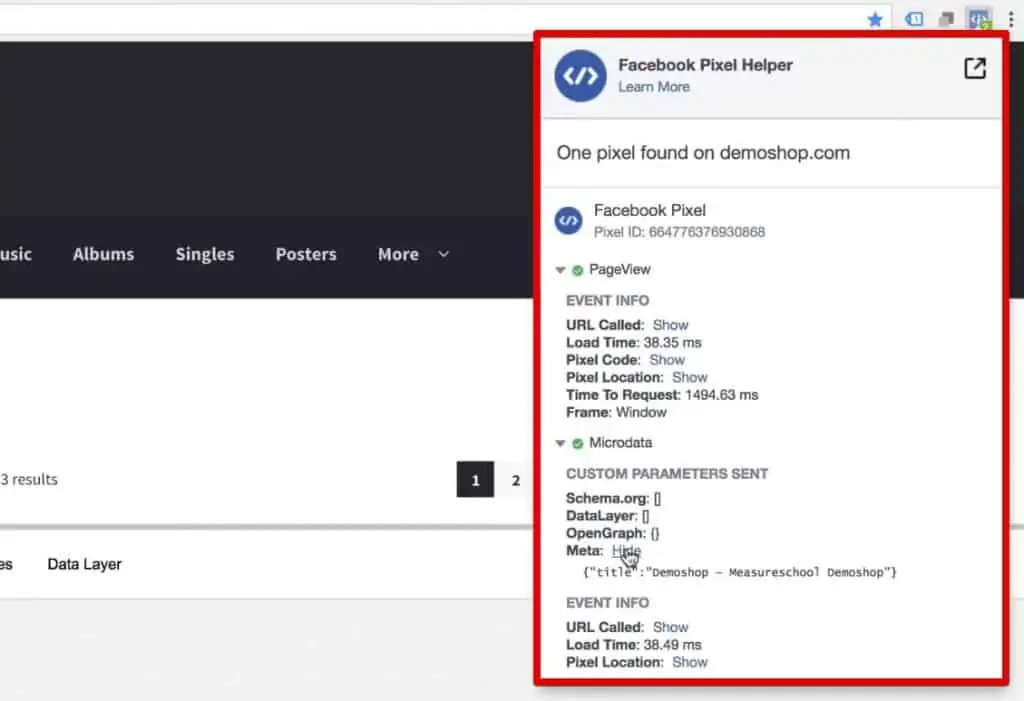 PageView fired and Microdata picked up by the Facebook Pixel Helper