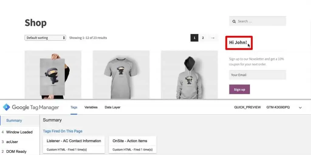 Personalized website greeting on the demoshop page