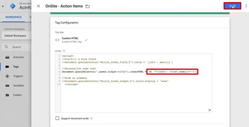 Personalizing the website greeting text with the Onsite-Action Items Tag in Google Tag Manager