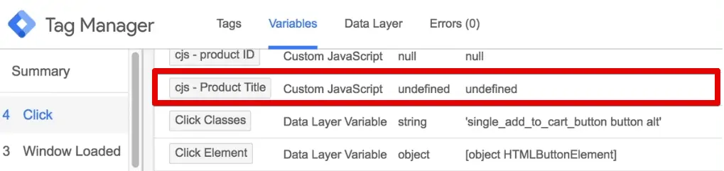Product Title variable returns as undefined in the preview and debug console