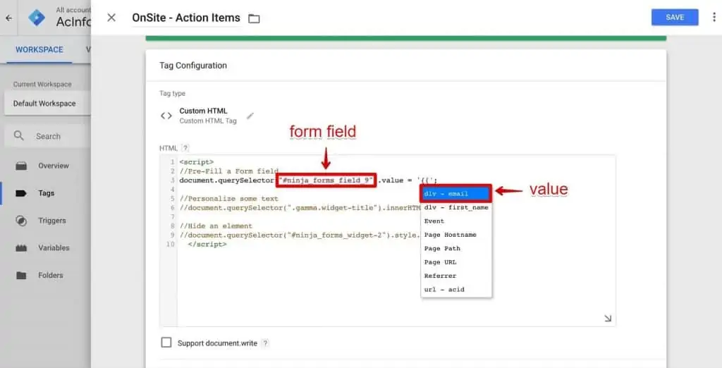Replacing the form field of the newsletter with variable email in the configuration of Onsite-Action Items Tag