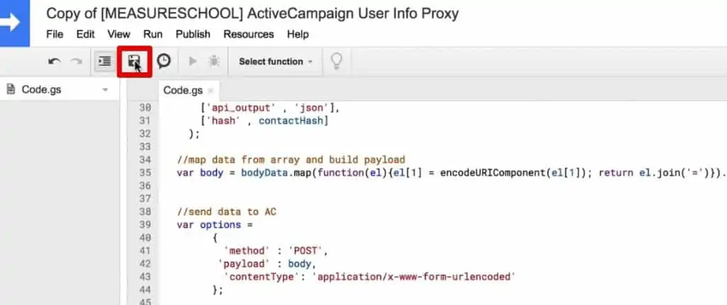 Saving the changes to Google Apps Script