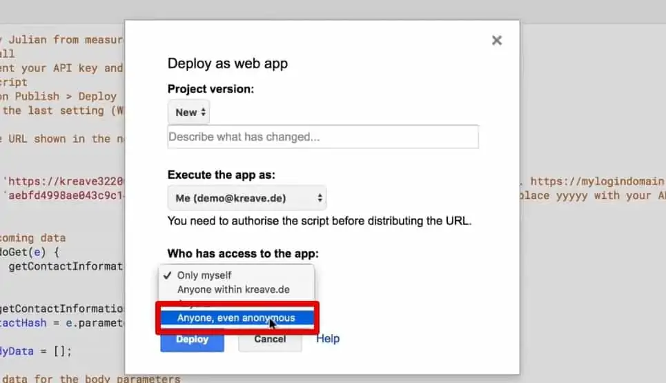 Selecting the Anyone, even Anonymous option for giving access to the app