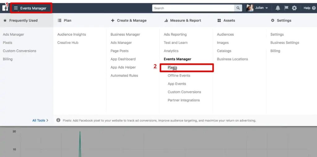 Selecting the Pixels option under the Events Manager menu