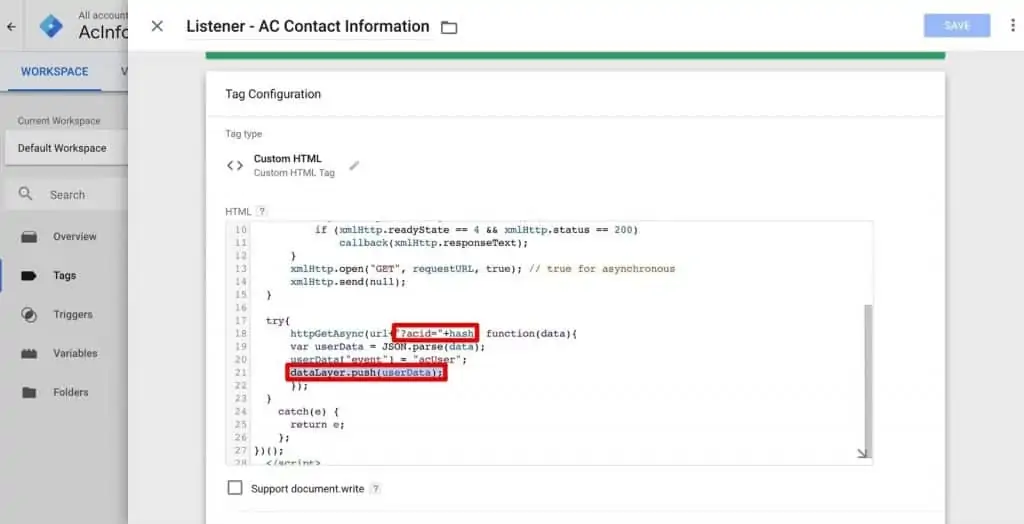 The ActiveCampaign ID hash gets passed onto the Data Layer in Google Tag Manager