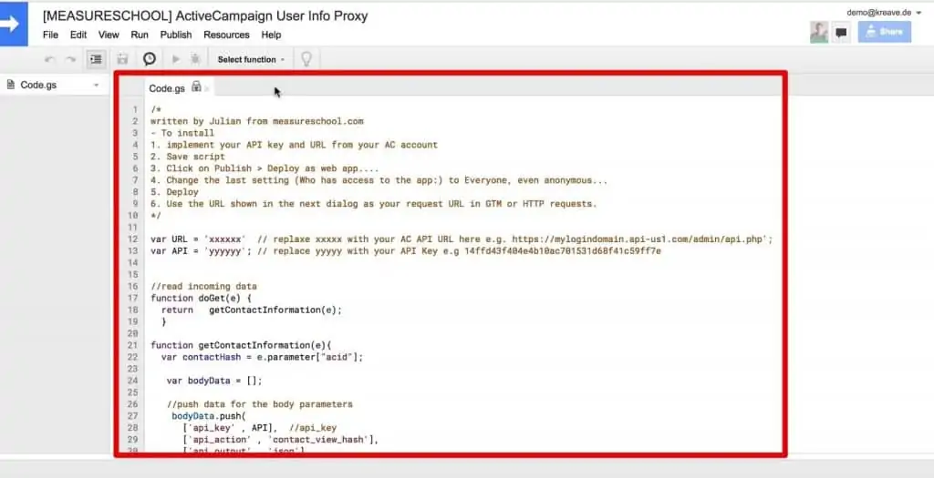 The Apps Script code which will act as the API Proxy