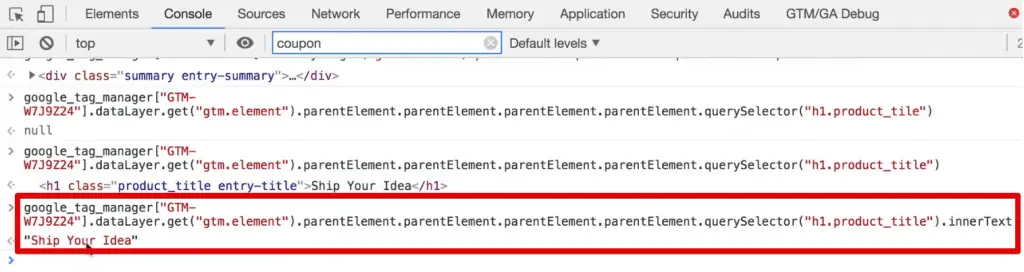 The Console returns the inner text of the product title in developer tools