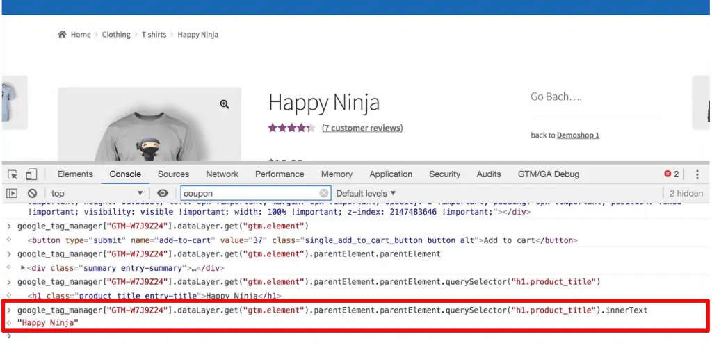 The Console returns the text of the product title that is within the element