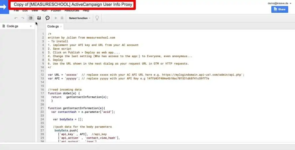 The copy of the API Proxy in your Google account
