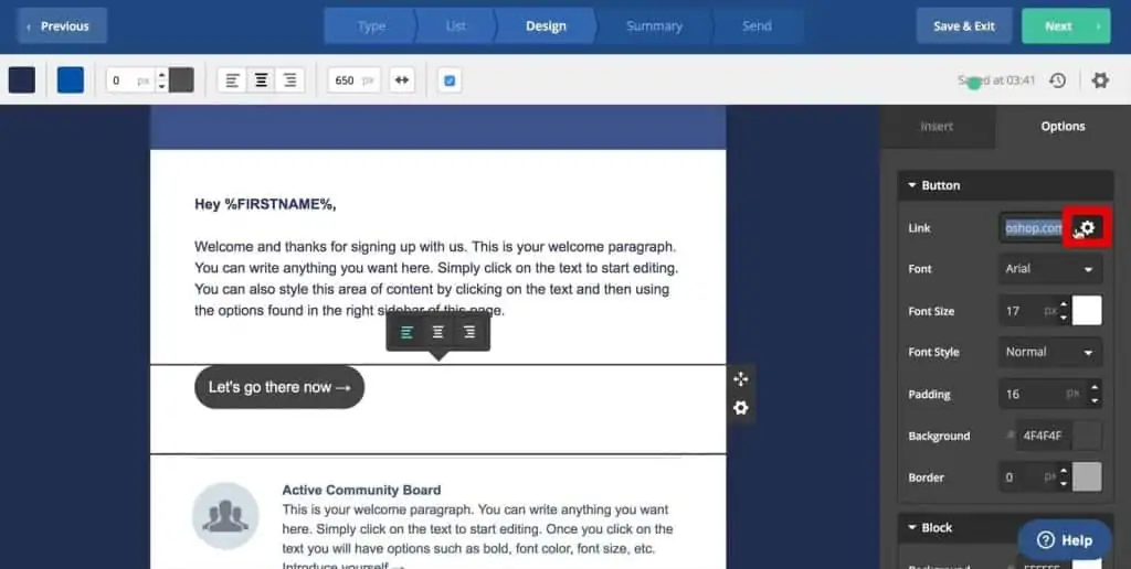 The gear icon to set up the link of the newsletter under the Design tab in ActiveCampaign