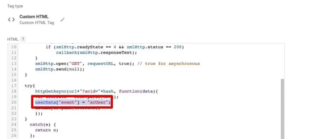 The special event key called acUser gets created in Google Tag Manager