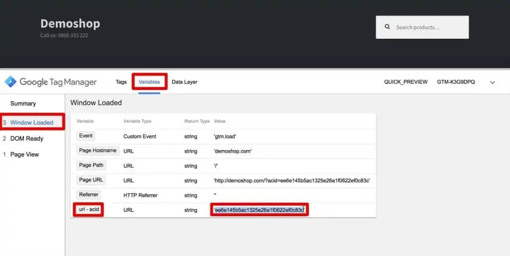 The value of the variable url-acid is updated with the subscriber hash of the user in the preview and debug console of Google Tag Manager