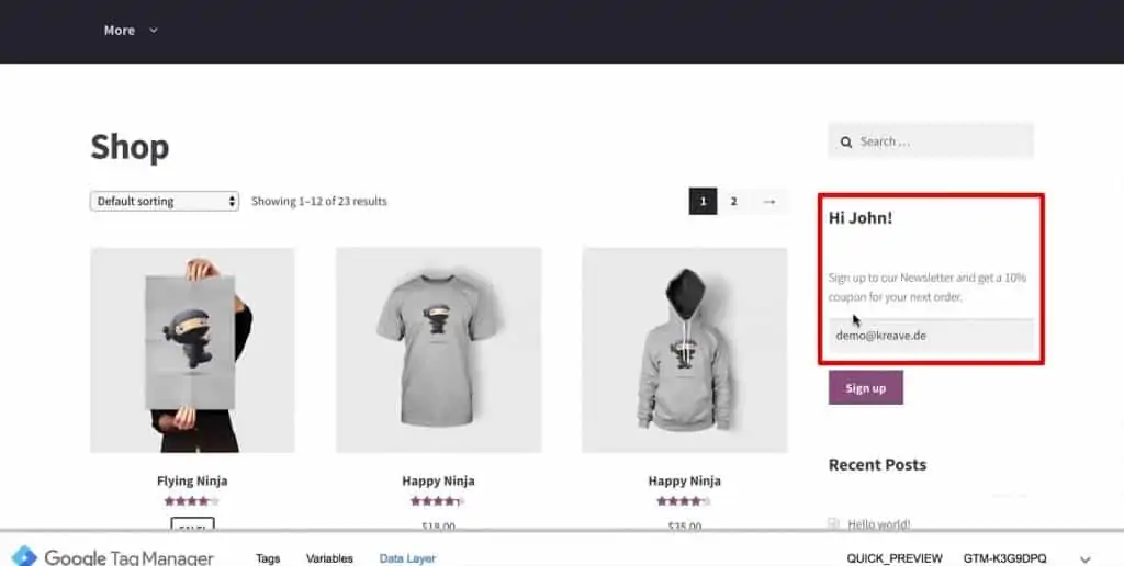 The website with pre-filled email address from data layer information
