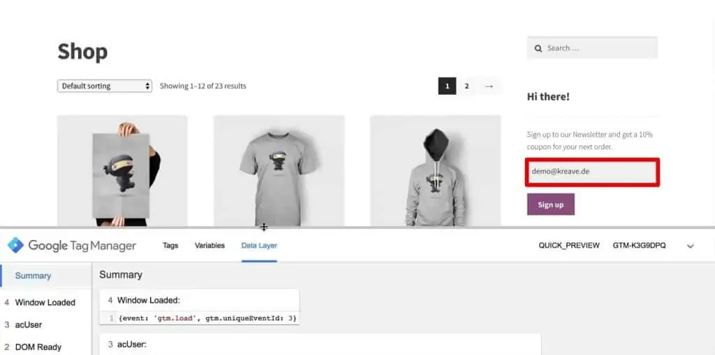 Updated email in the newsletter form field of demoshop