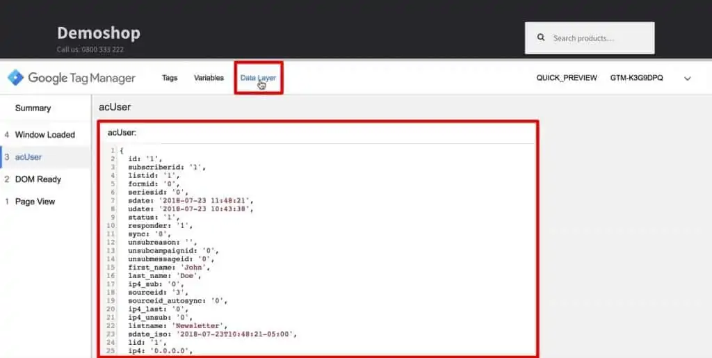User information fetched in the Data Layer under the acUser event of Google Tag Manager