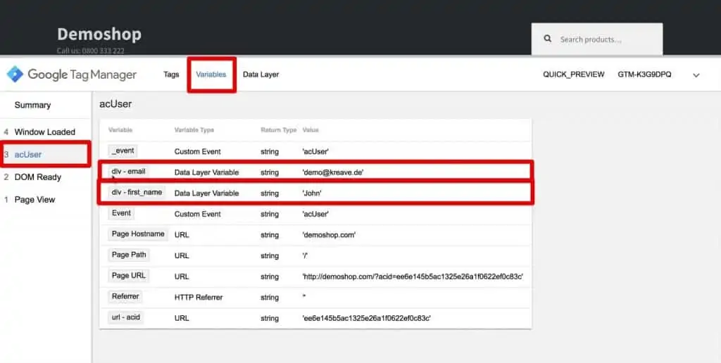 Variable dlv- email and dlv-first_name under acUser event in Google Tag Manager
