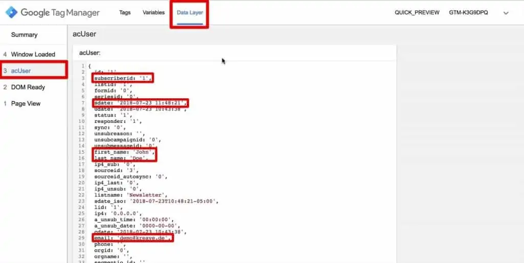 acUser data layer information includes subscriberid, email, first_name, and last_name
